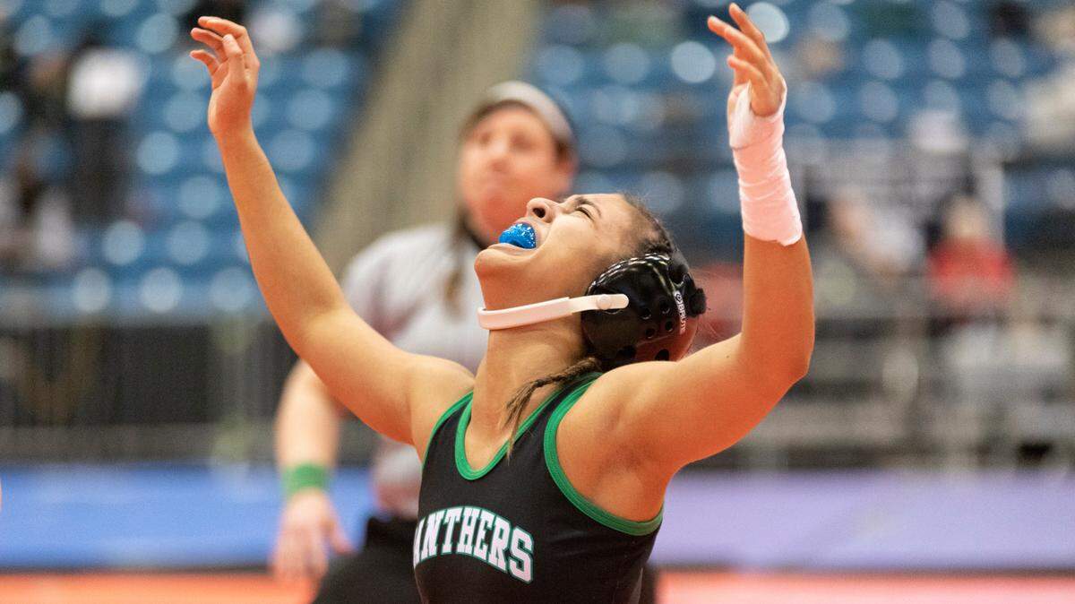 Derby sophomore Amara Ehsa became the first girl state champion in the Panthers’ wrestling program.