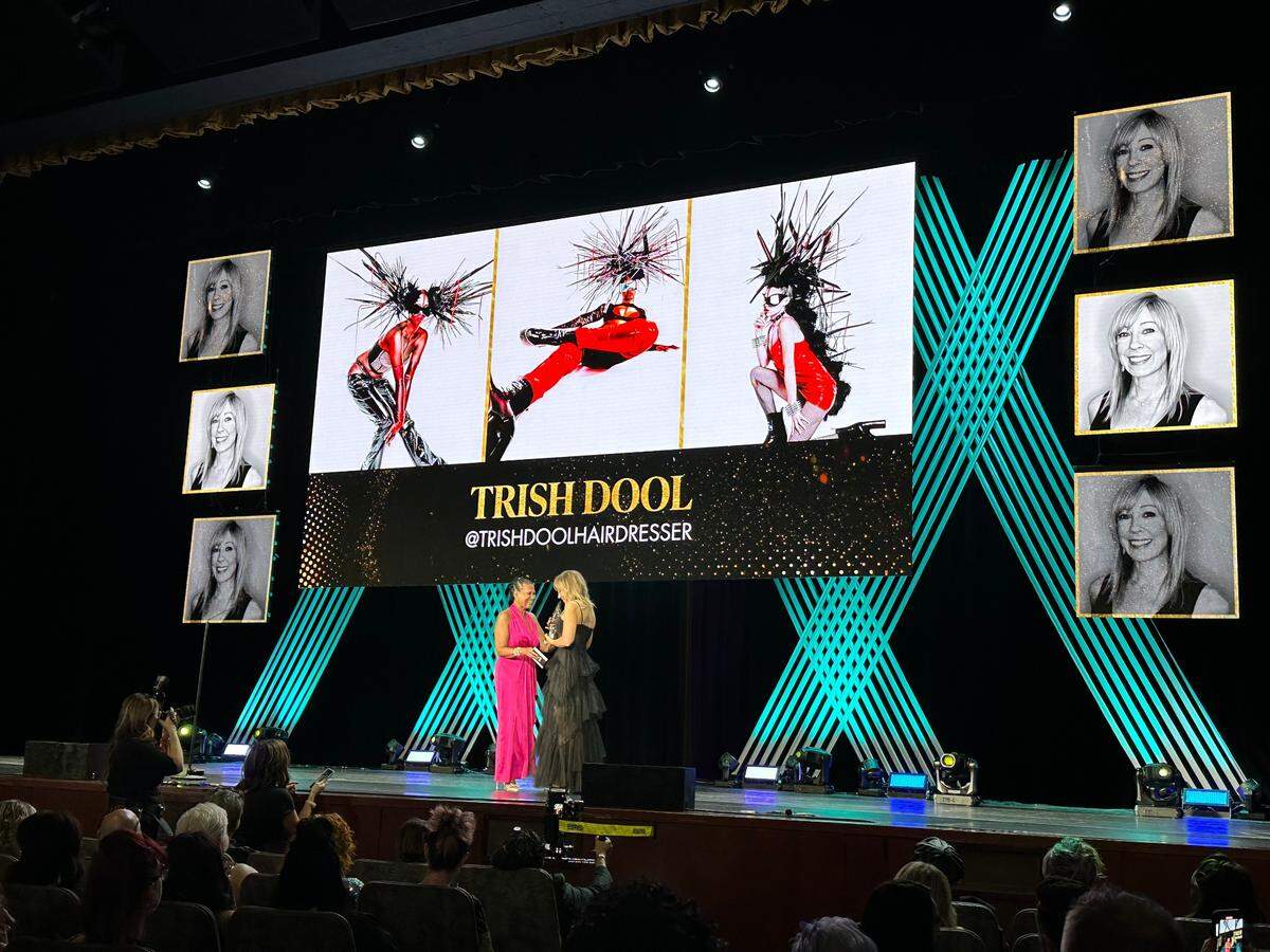 Trish Dool accepting an award at the recent North American Hairstyling Awards&nbsp;— known as “the Oscars of hair.”