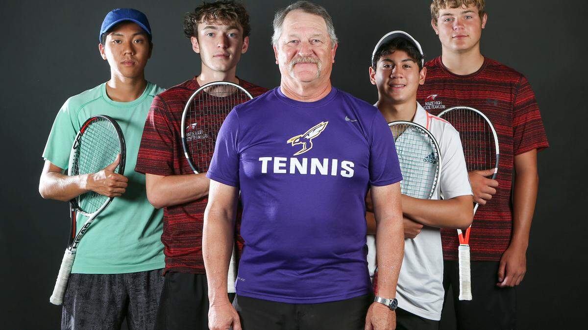 All-Metro tennis. Left to right: Collegiate senior Wonjoon Cho (singles), Maize junior Chase Schreiner (doubles), Valley Center coach Dean Shulz, Independent freshman Bryson Toubassi (singles), Maize junior Tanner Ohmeis (doubles)