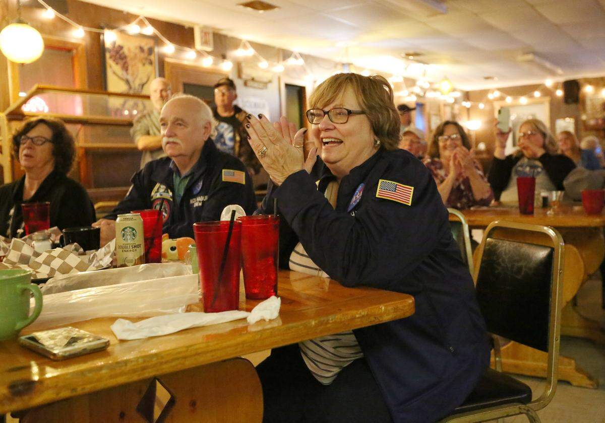 Roxanne Mann cheers as she watches the launch of a Russian Soyuz rocket carrying a new her nephew Nick Hague early Thursday Morning in Peabody, Ks. Hague, from Peabody, was on the Soyuz MS10 that went into a ballistic re-entry mode a little bit after its launch around 3:47 a.m Central Time.(October 11, 2018)