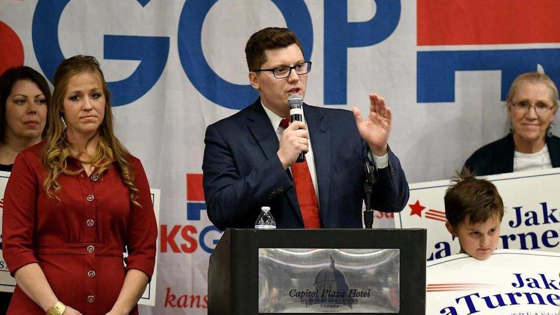Jake LaTurner, Kansas state treasurer, addresses supporters at the Republican candidate watch party at the Capitol Plaza Hotel in Topeka Tuesday, Nov. 6, 2018.