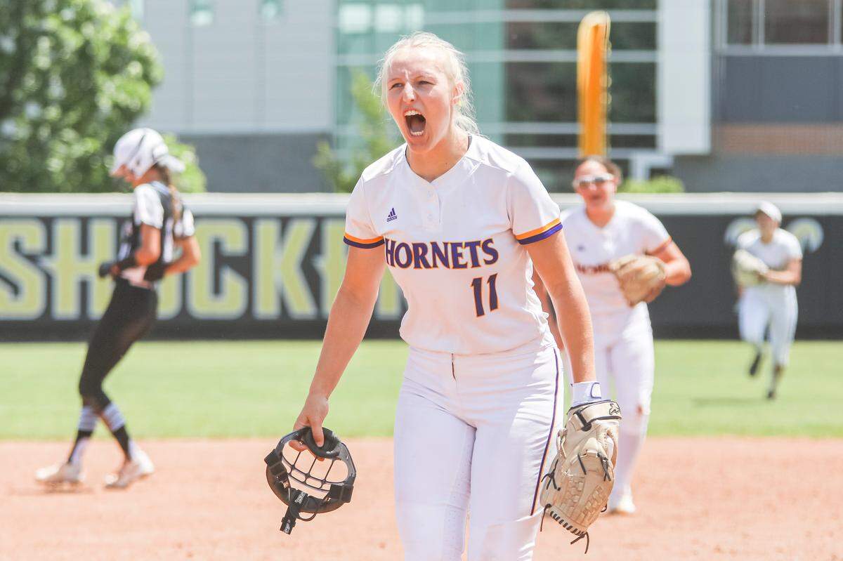 Valley Center junior Sykora Smith celebrates after winning against Eisenhower in the 5A semifinals game held at Wilkins Stadium on Saturday, May 28, 2022.