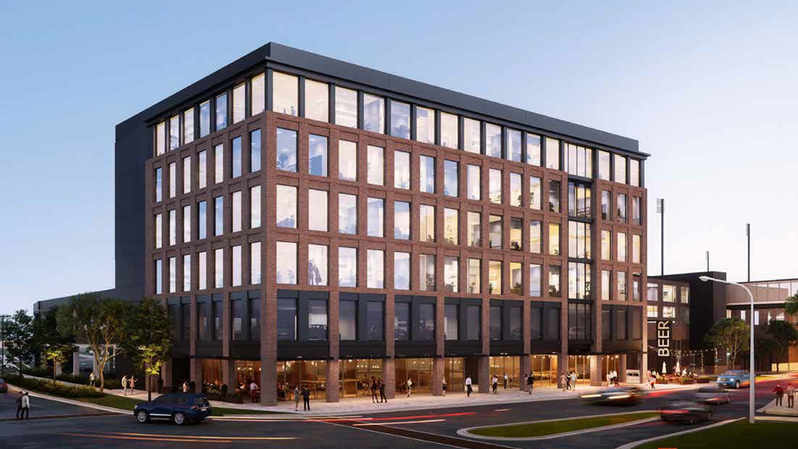 The Wichita Wind Surge and EPC Real Estate Group are planning $65 million in initial developments adjacent to Riverfront Stadium. That includes an eight-story hotel and a six-story office building, shown here.