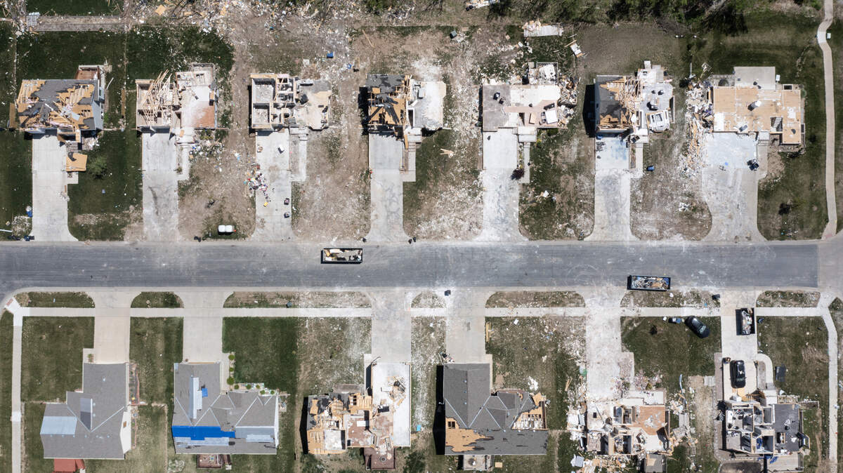 An overhead view of some of the damage from the tornado that struck Andover on April 29, 2022.