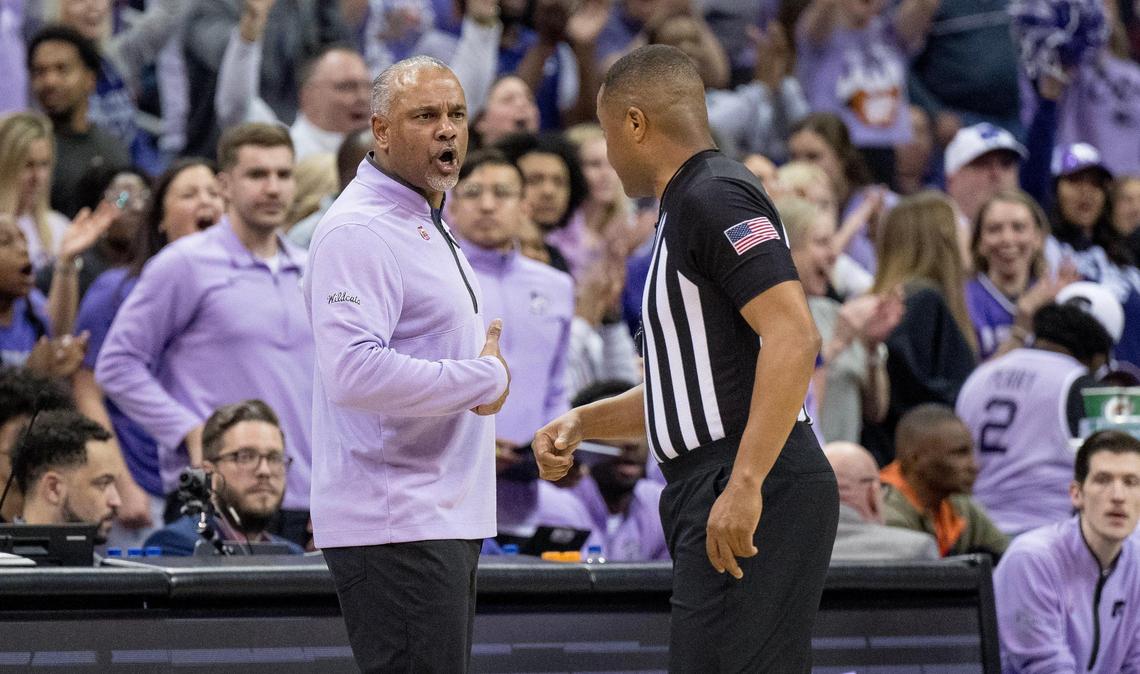 Kansas State Wildcats head coach Jerome Tang argues a technical foul during an NCAA basketball game against the Iowa State Cyclones in the Big 12 men’s basketball tournament on Thursday, March 14, 2024, in Kansas City.