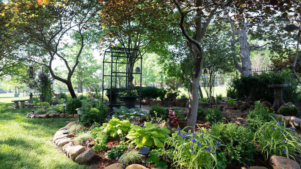 Lynn Williams backyard at 2514 N. Greenleaf Ct. and her neighbor’s yard will be on the Sedgwick County Extension’s annual garden tour. Williams’ yard incorporates rocks and boulders.