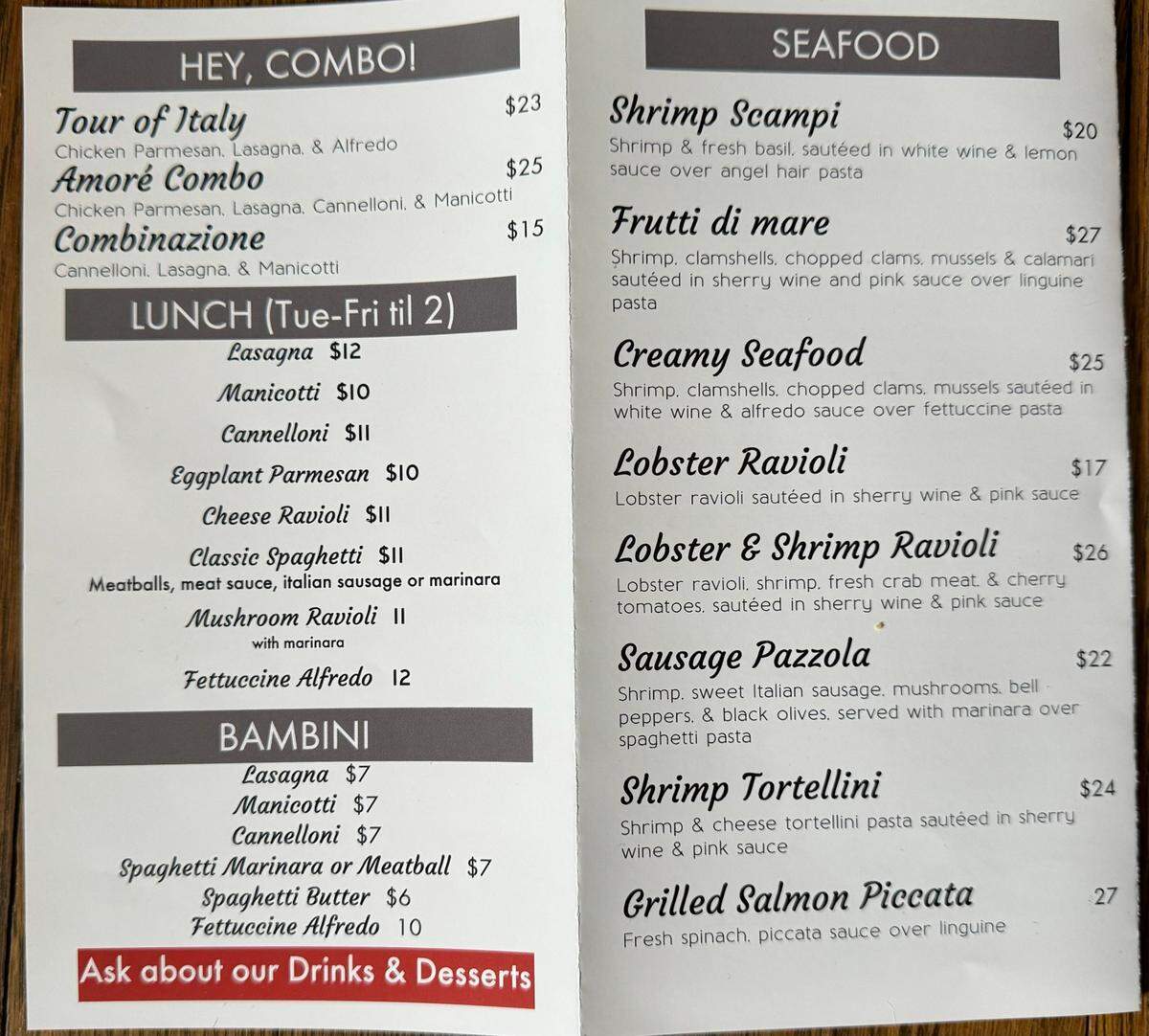 Amore Italian Restaurant menu, page 2