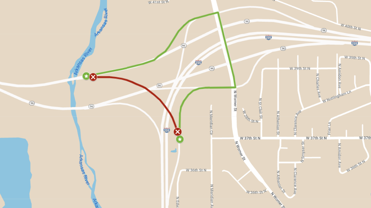 The ramp from I-235 north to K-96 west will have closures starting Tuesday through early October, according to the Kansas Department of Transportation. 