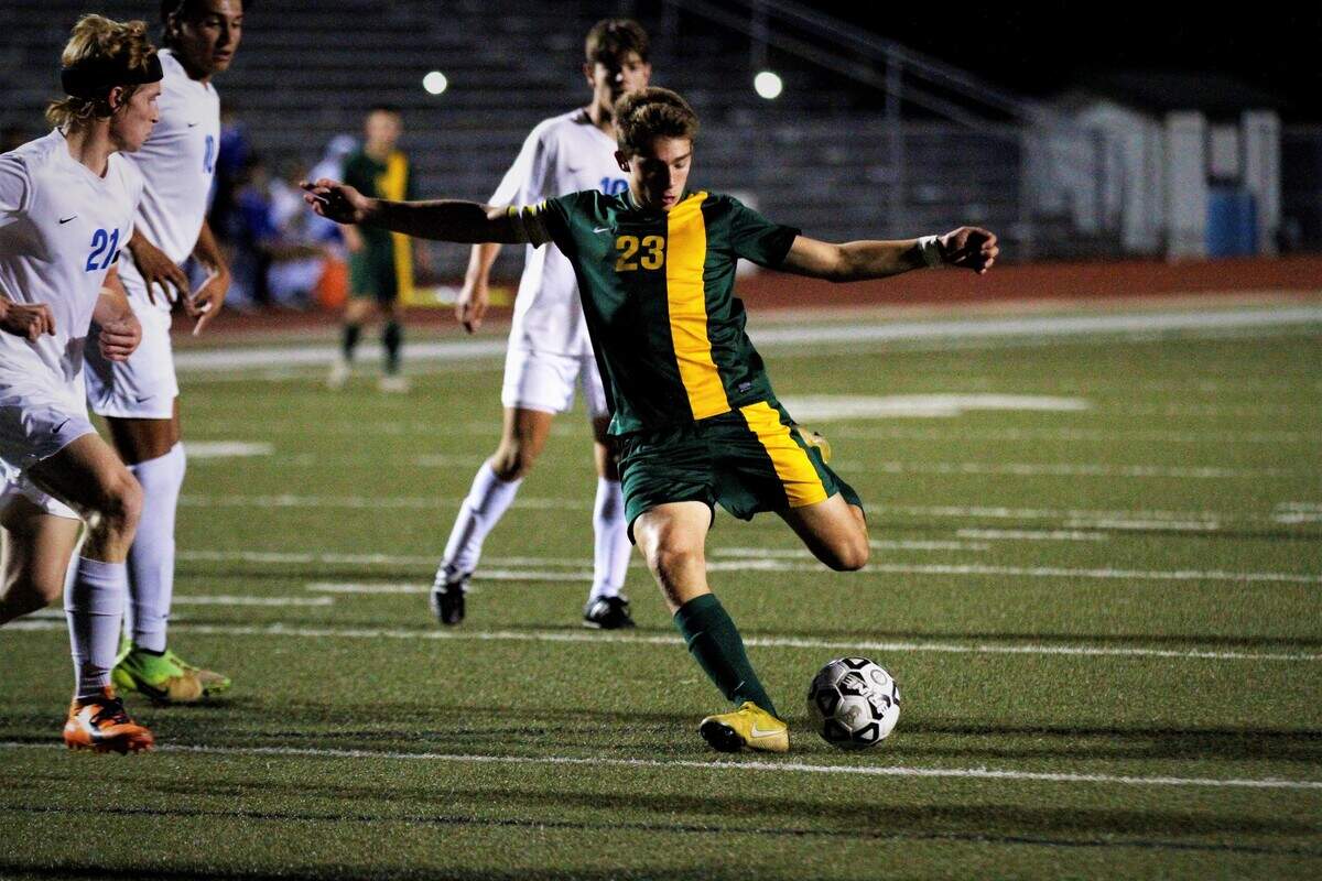 Bishop Carroll senior Carson Lee scored a bar-down goal in the Golden Eagles 3-0 win over Andover on Monday to advance to their regional final Thursday. (Oct. 22, 2018)