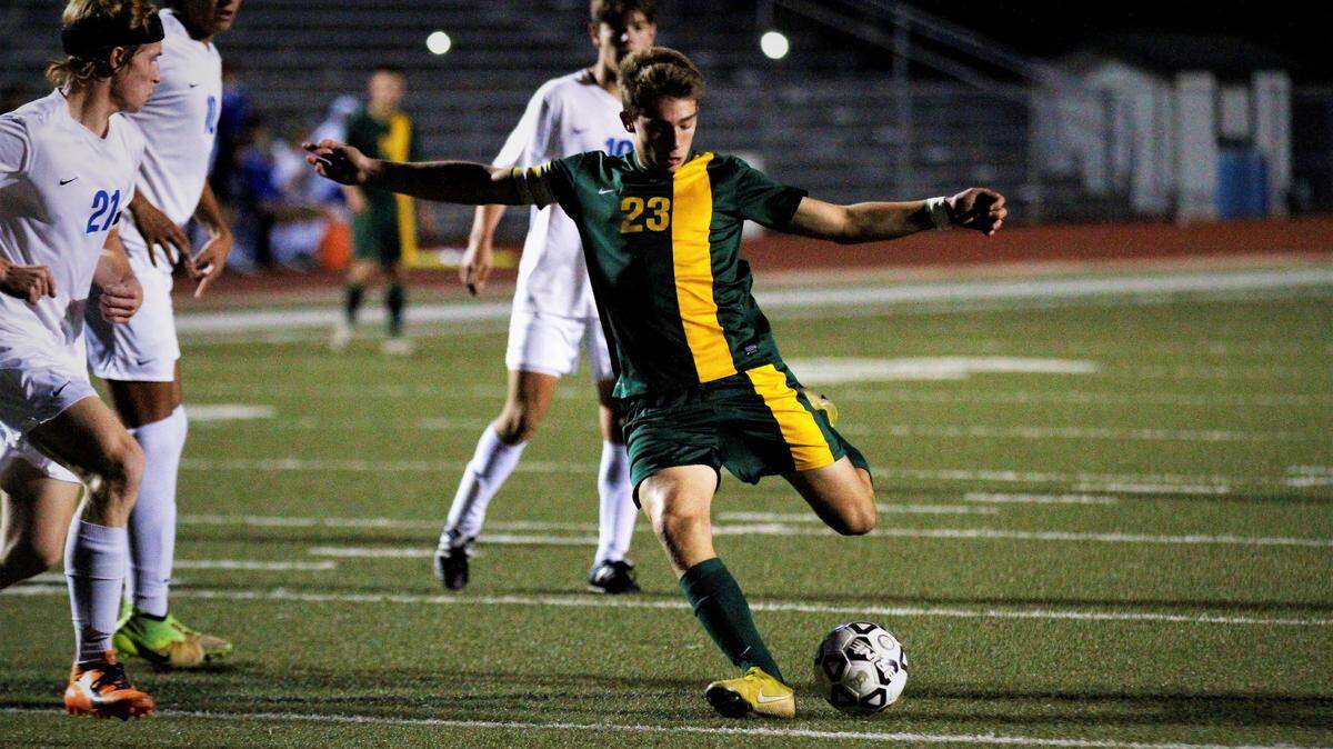 Bishop Carroll senior Carson Lee scored a bar-down goal in the Golden Eagles 3-0 win over Andover on Monday to advance to their regional final Thursday. (Oct. 22, 2018)