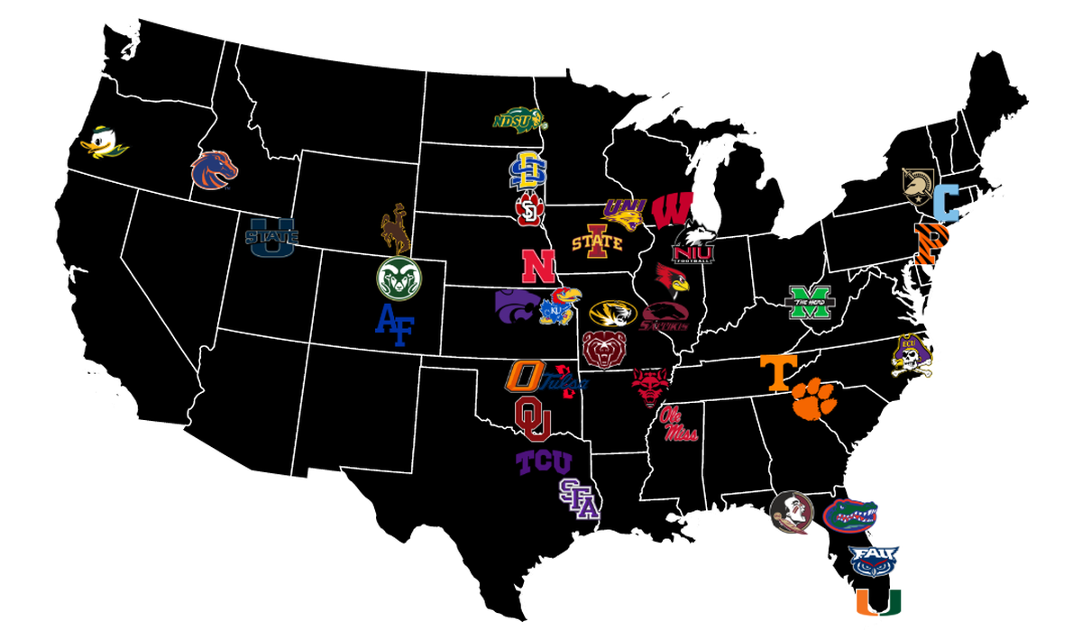 Map of Division I universities that have earned the commitments of Wichita area high school football players since 2000.