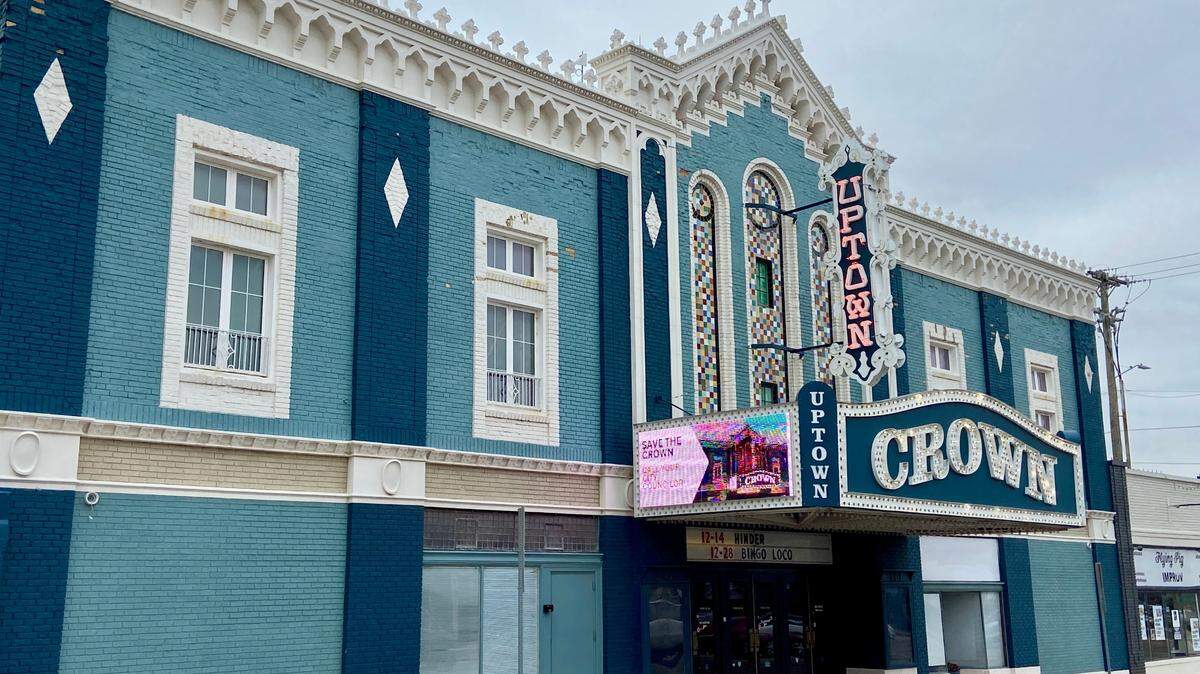 In this 2024 photo, the marquee at the Crown Uptown Theatre says “Save the Crown.”