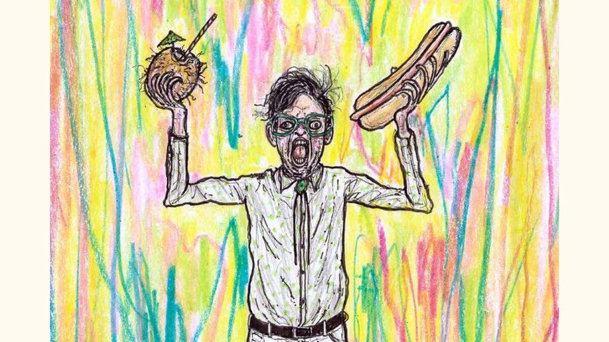 This poster by local artist Bread Nugent illustrates the hotdog/coconut water fun that will happen at Reverie Coffee Roasters’ birthday party on Sunday.