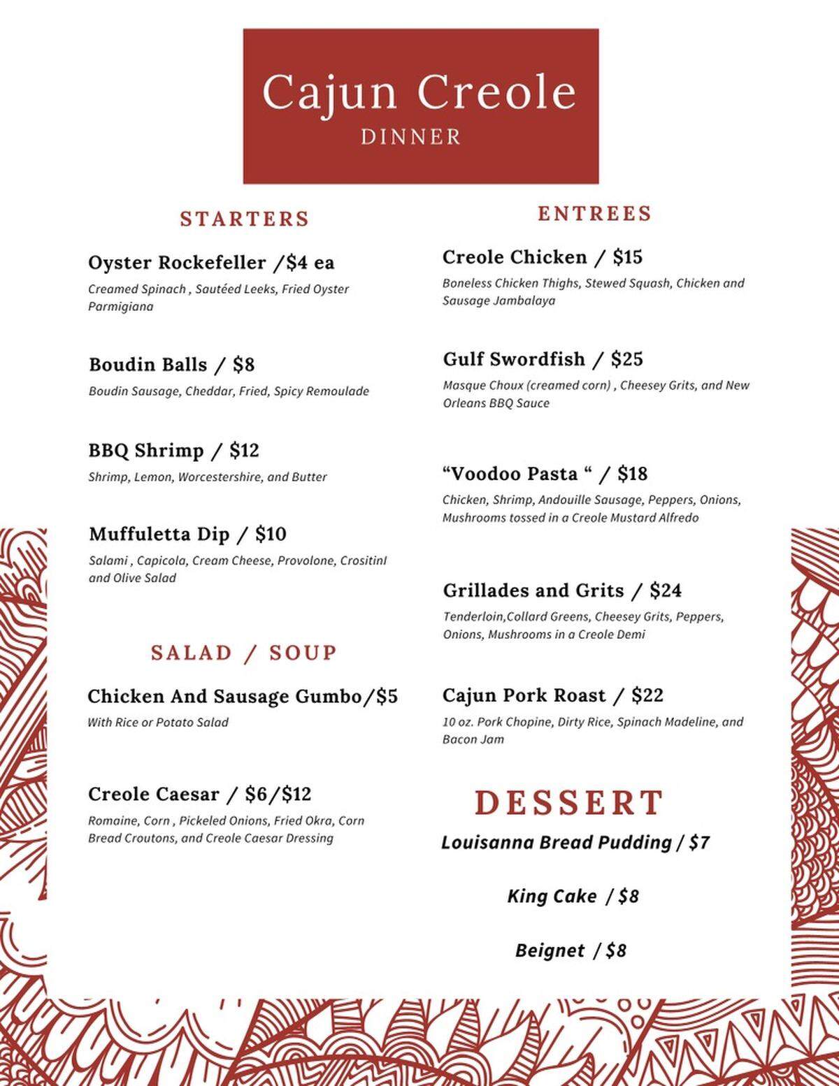The dinner menu for Magnolia Cafe’s pop-up dinner on Saturday
