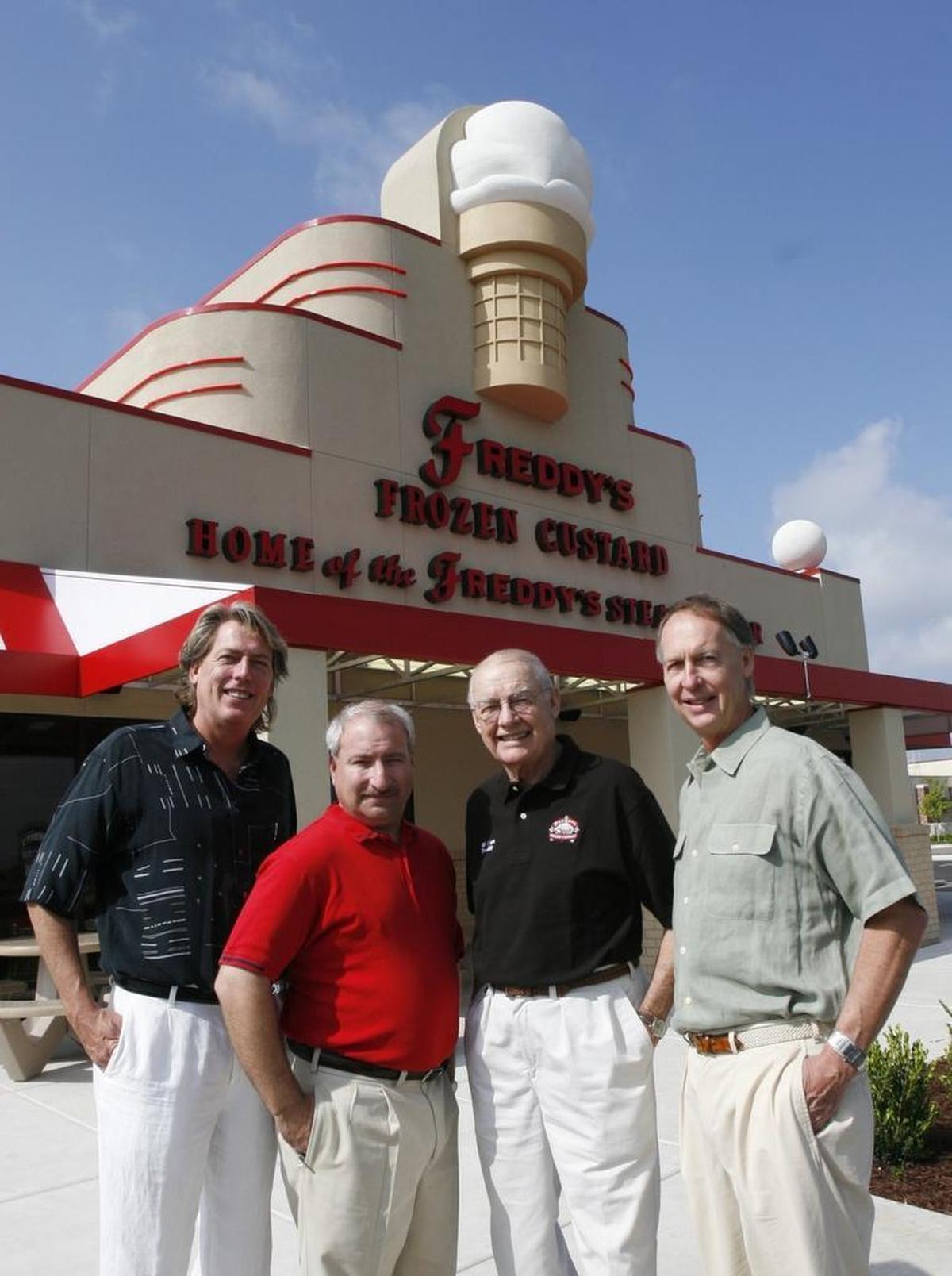 Freddy’s Frozen Custard co-founders are pictured in 2016: Bill Simon, left, Scott Redler and Randy Simon, right, and the restaurant’s namesake Freddy Simon, second from right.