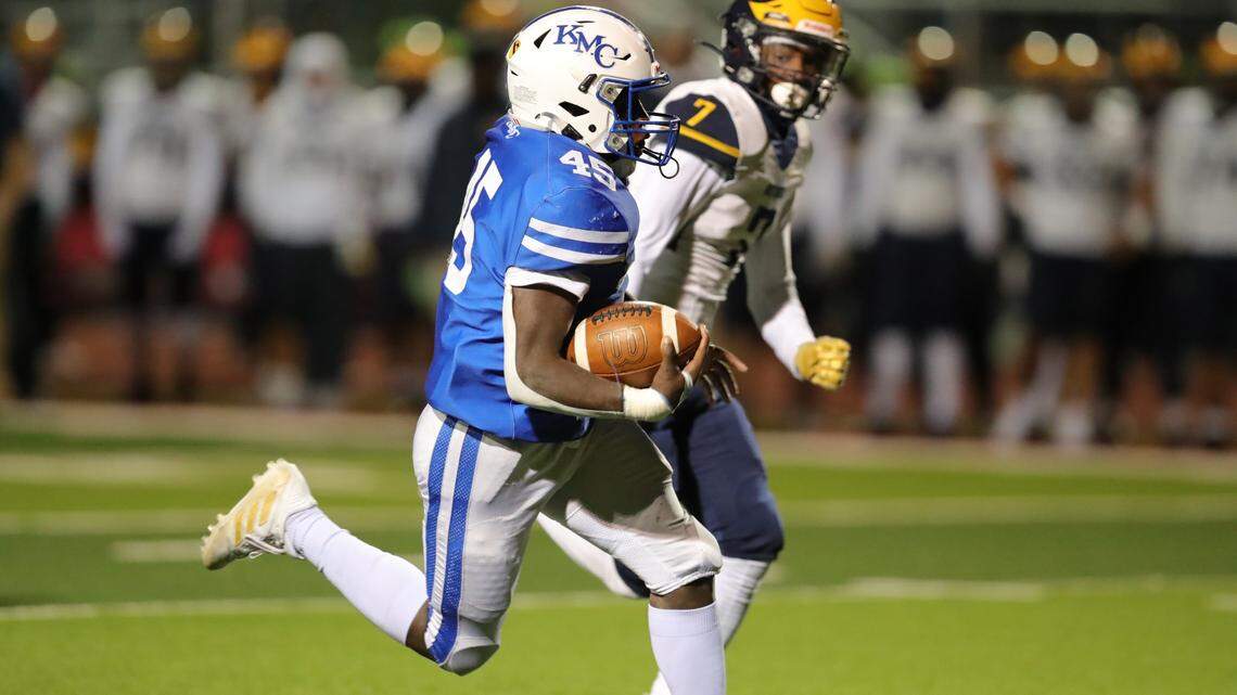 Kapaun running back Omari Elias has rushed for 2,163 yards this season in just nine games. The Crusaders face No. 1 Maize in the second round of the Class 5A playoffs on Friday.