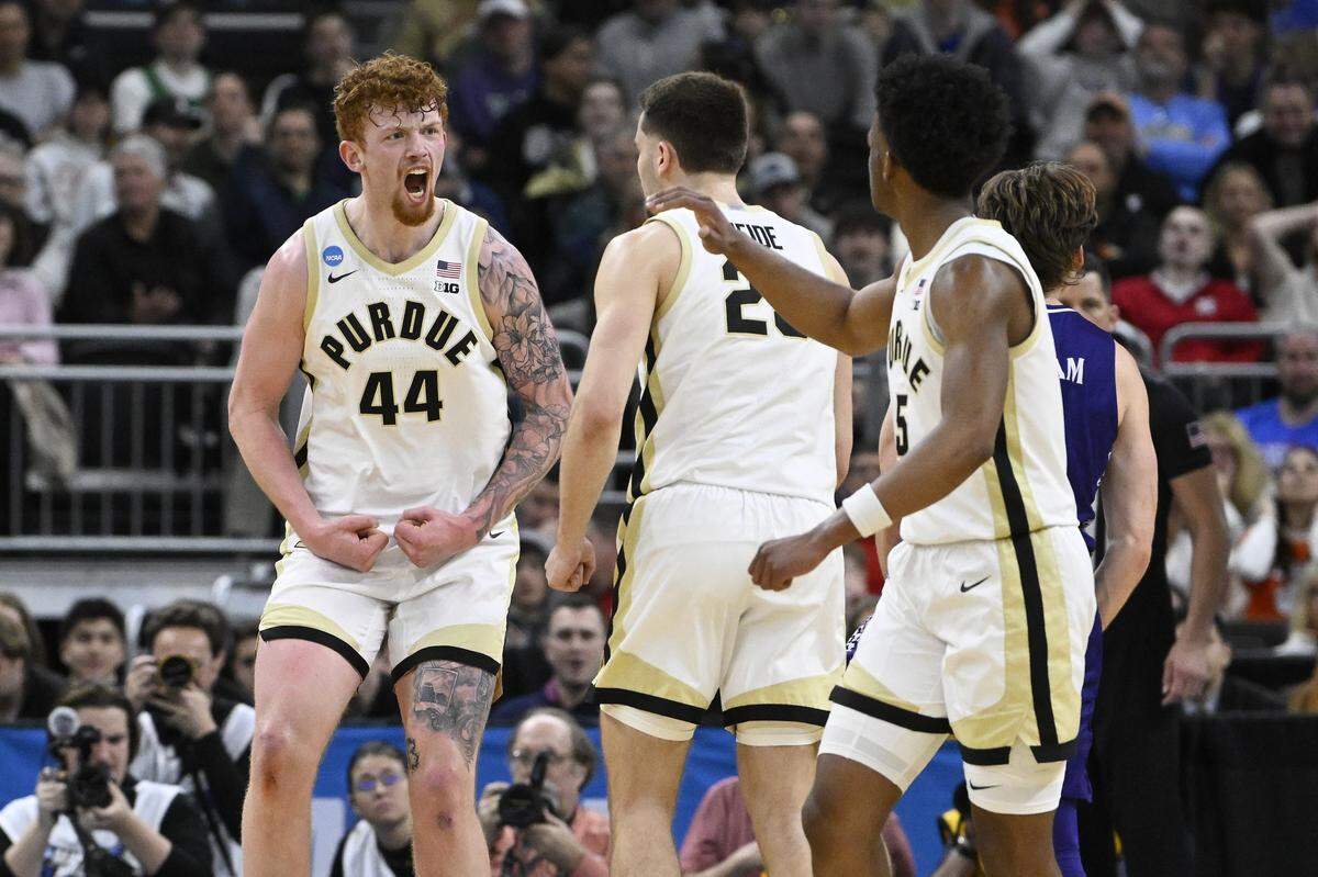 Purdue center Will Berg (44) celebrates with teammates during the first half against the High Point Panthers at Amica Mutual Pavilion.