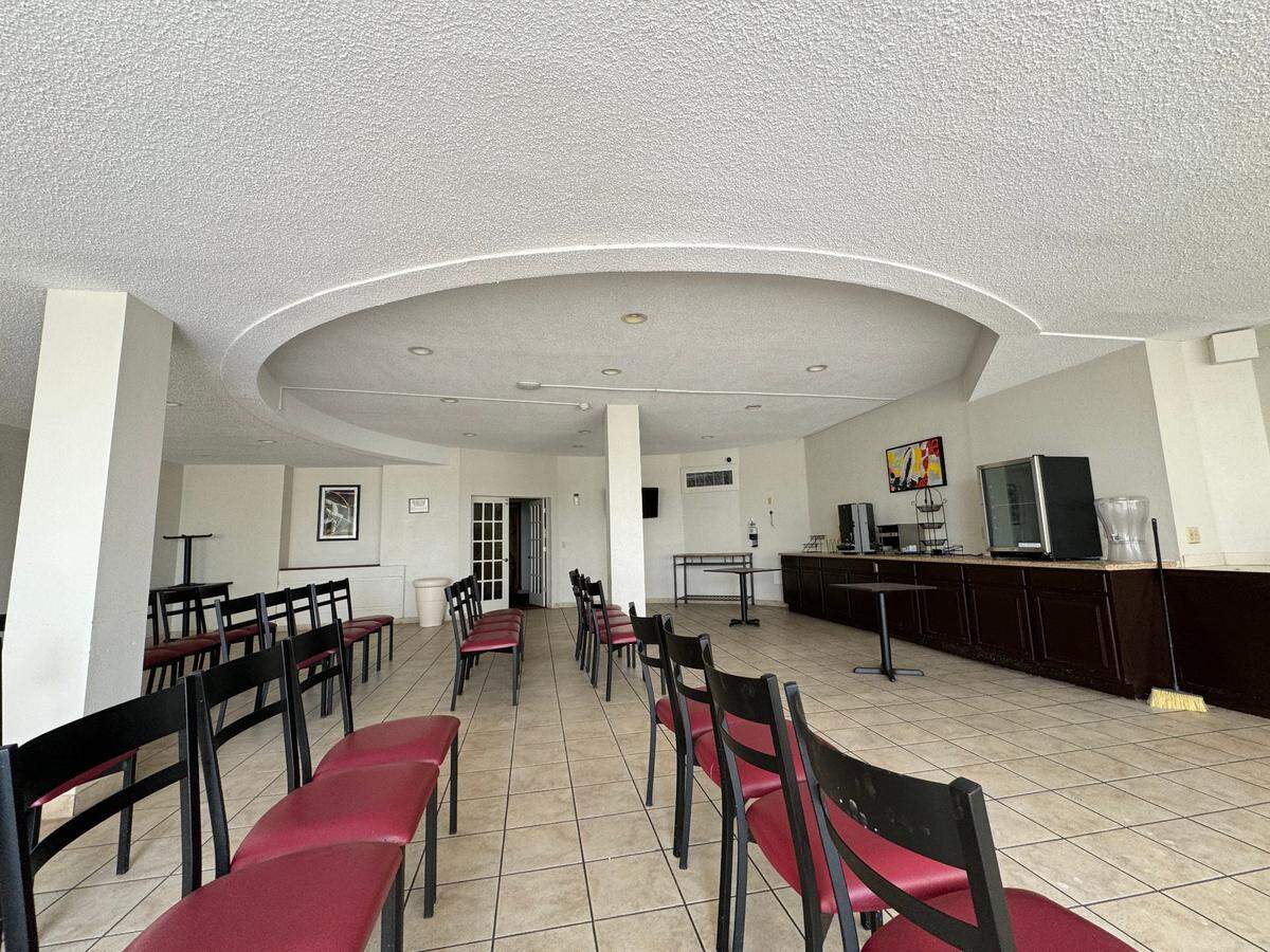 The circle on the ceiling of the abandoned restaurant space at the Red Roof Plus hotel, 7335 E. Kellogg, indicates where the room used to be open to the seventh-floor party space above it.