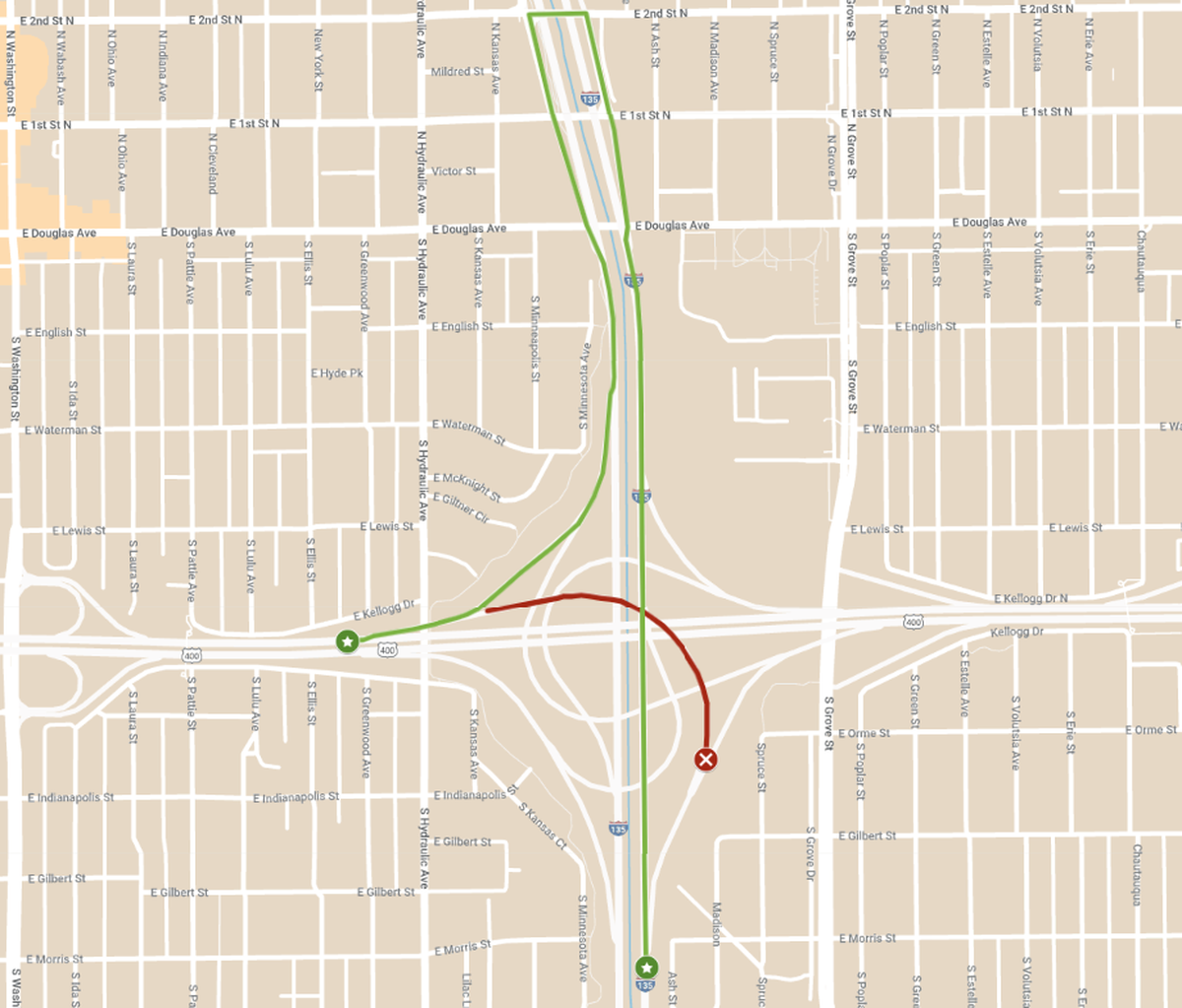 While the northbound I-135 ramp to westbound Kellogg is closed, drivers will continue on northbound I-135 before taking exit 6B toward 1st and 2nd. At 2nd, motorists will turn left and get back on southbound I-135 until they reach exit 6A toward westbound Kellogg.