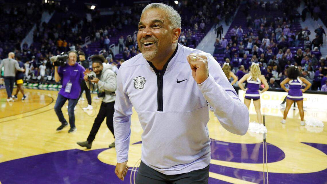 Kansas State head coach Jerome Tang dances on the court after his team’s 82-76 overtime win over West Virginia at the end of an NCAA college basketball game, Saturday, Dec. 31, 2022, in Manhattan, Kan. (AP Photo/Colin E. Braley)