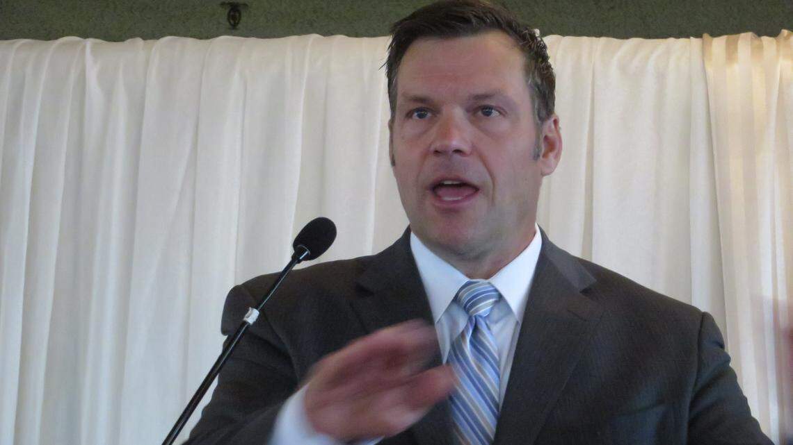 Governor candidate Kris Kobach speaks to the Republican Wichita Pachyderm Club.