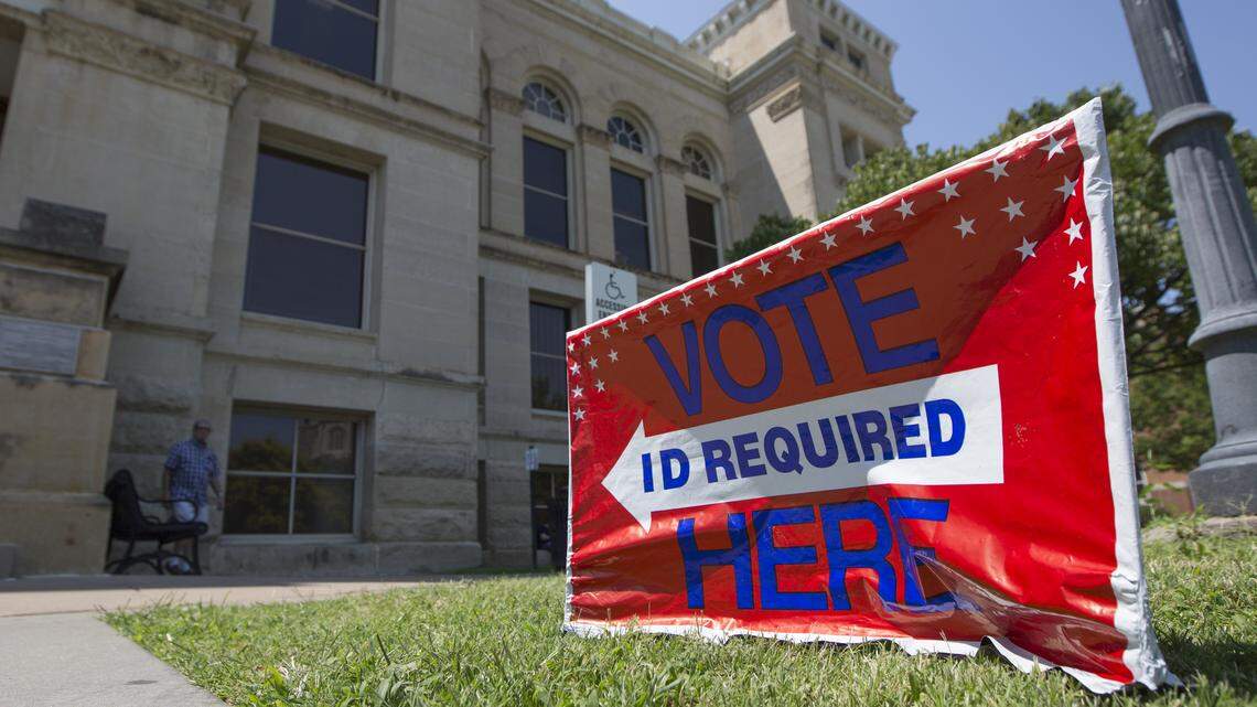 A sign for advance voting outside the Old Sedgwick County Courthouse on Friday. The primary for the 2018 mid-term election is this upcoming Tuesday. 