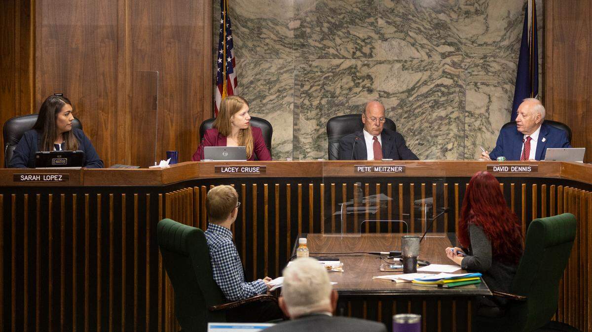 Four Sedgwick County commissioners are shown in 2021. From left: Sarah Lopez, Lacey Cruse, Pete Meitzner and David Dennis.