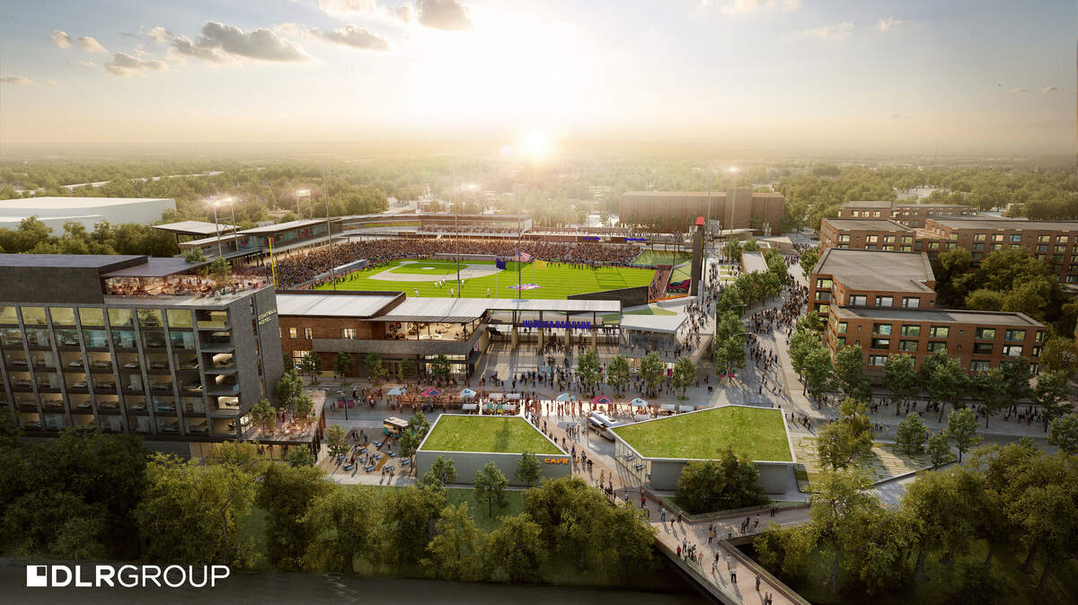 A mock-up shows an aerial view of EPC’s planned $110 million development around Riverfront Stadium in downtown Wichita.