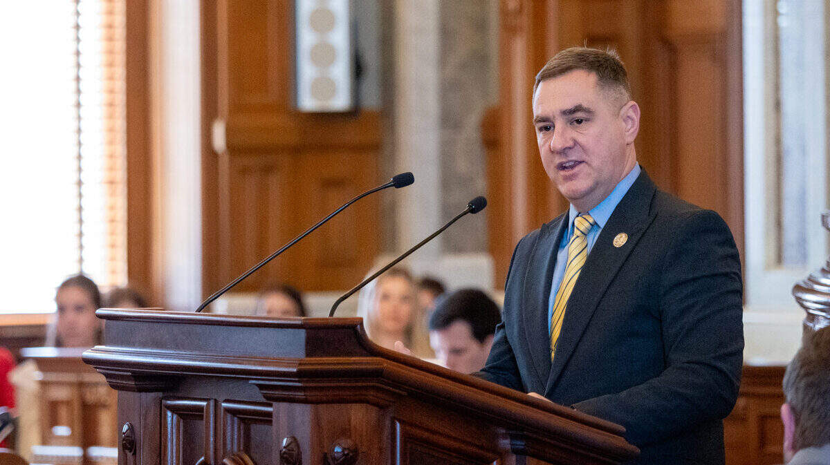 Rep. Pat Proctor, a Leavenworth Republican who is running for Secretary of State, is promoting a slew of election-related legislation. He appears here on the House floor on Feb. 12, 2026, in Topeka.