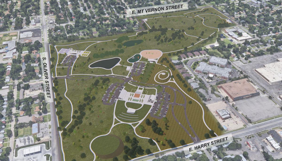 An artist’s rendering looking southeastof the $28 million long-term plan to turn L.W. Clapp Golf Course into a destination park in southeast Wichita.