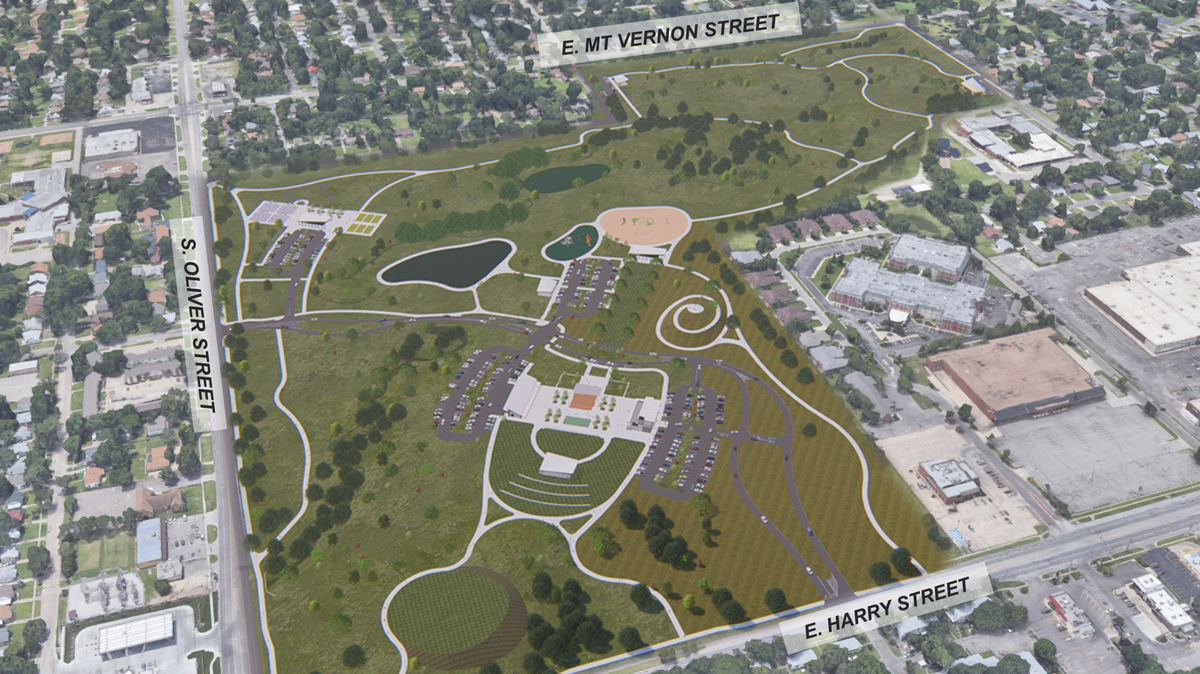 An artist’s rendering looking southeast of the $28 million long-term plan to turn L.W. Clapp Golf Course into a destination park in southeast Wichita. The Wichita City Council approved this plan on Tuesday, giving contractors the go-ahead to begin work on the first of four phases for the redevelopment project.