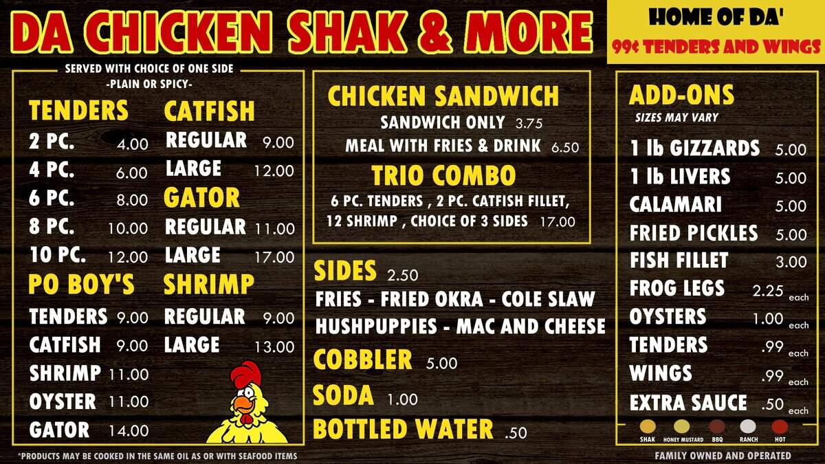 Da menu for Da Chicken Shak.