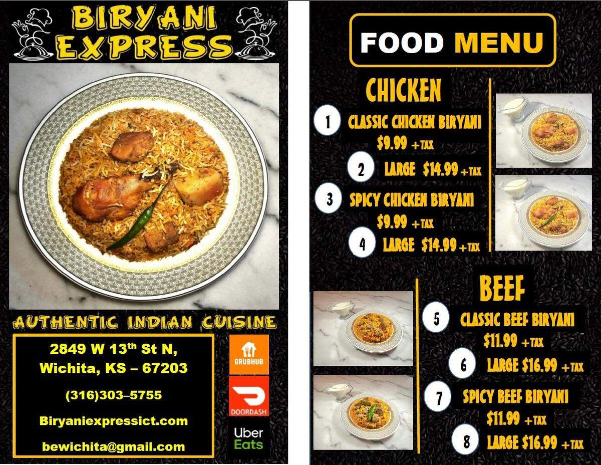 The menu for Biryani Express