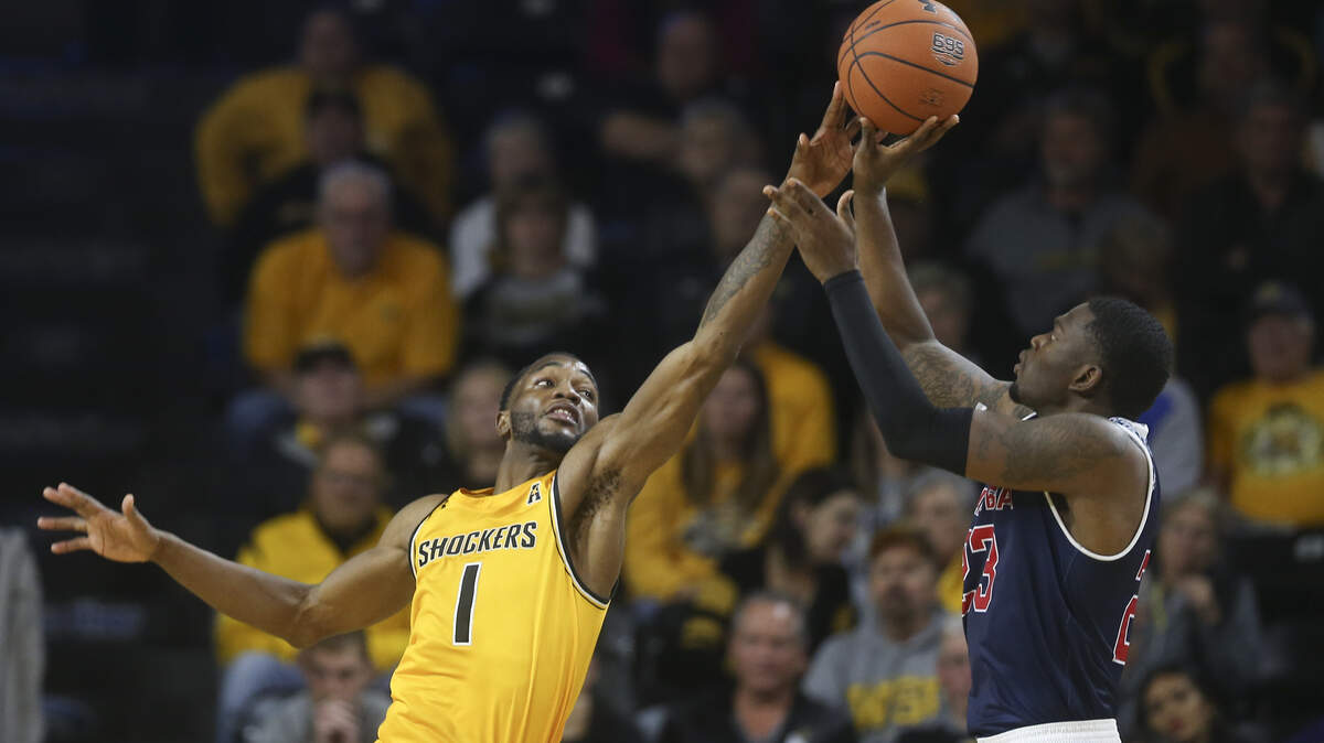 Wichita State’s Markis McDuffie blocks the shot of Catawba’s Daquan Lilly during an exhibition game earlier this season for the Shockers.