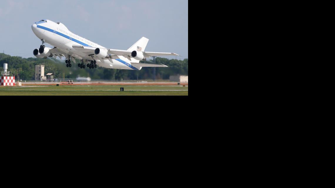 An E-4B leaves Boeing Wichita on its way to its final destination at Offutt Air Force Base in Nebraska. The E-4B was the final aircraft to undergo maintenance at Boeing Wichita. (May 29, 2014)

