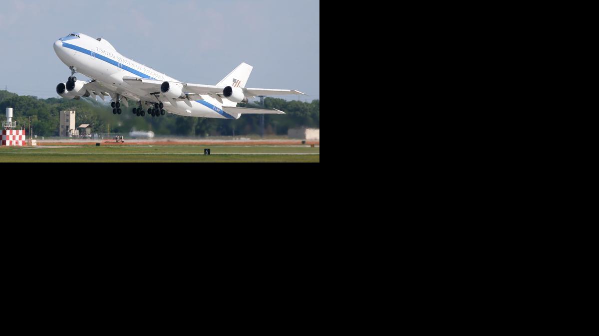 An E-4B leaves Boeing Wichita on its way to its final destination at Offutt Air Force Base in Nebraska. The E-4B was the final aircraft to undergo maintenance at Boeing Wichita. (May 29, 2014)

