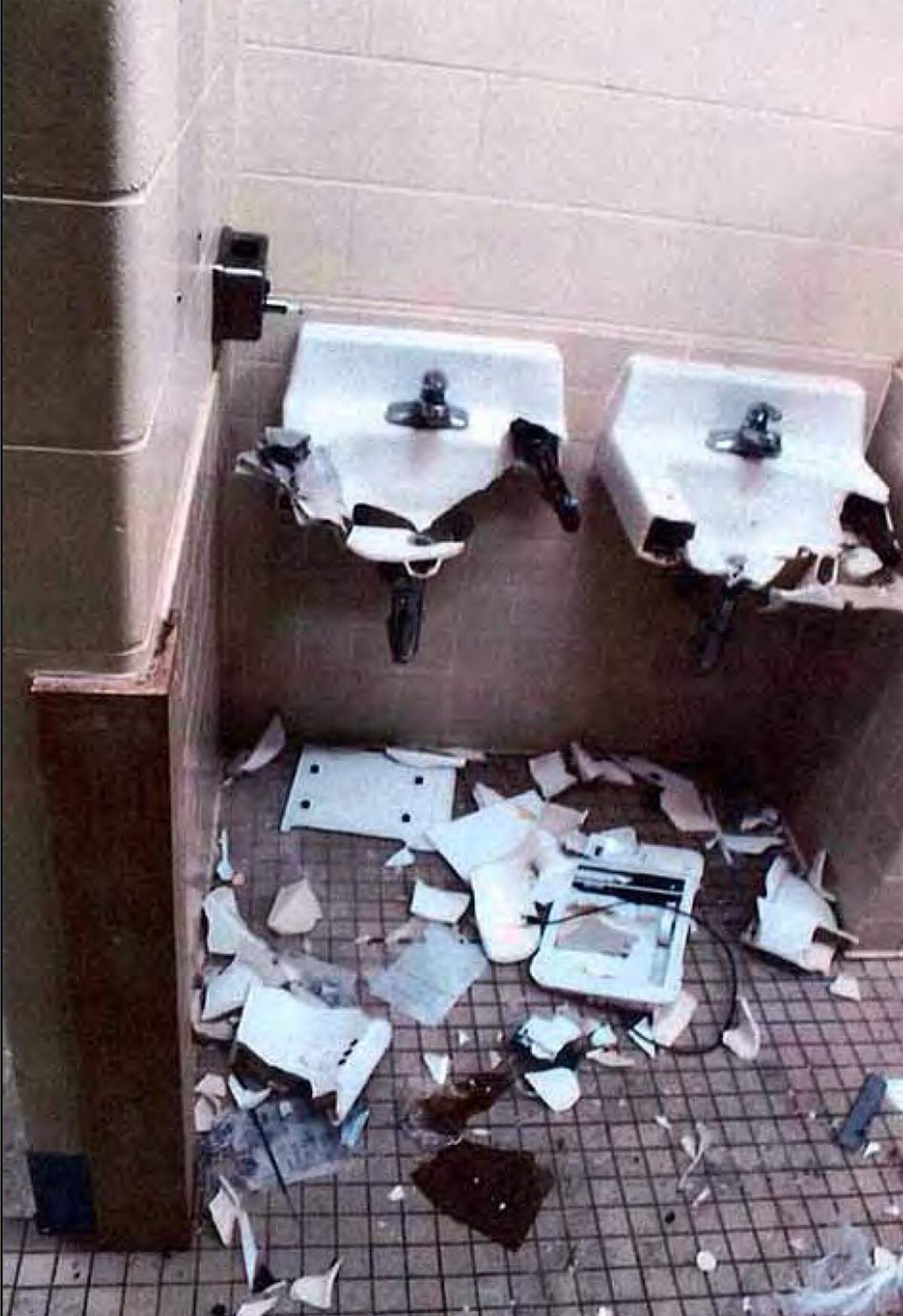 A damaged restroom at El Dorado Correctional Facility following a disturbance on July 1, 2018. The new leadership of the Kansas Department of Corrections recently released photos of the aftermath of inmate uprisings.