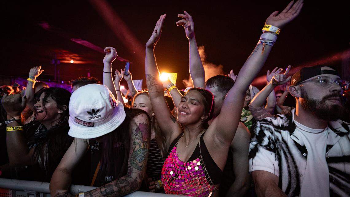 A crowd enjoys the music of DJ Steve Aoki during the first night of Elsewhere Fest in downtown Wichita on Friday.