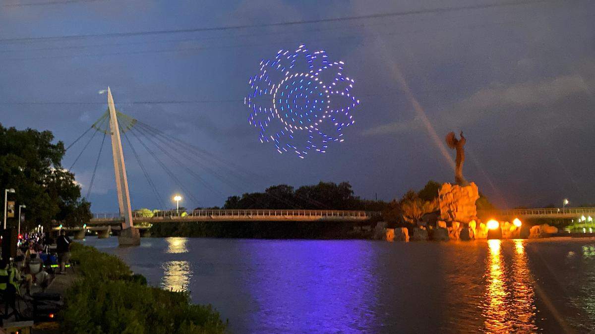 Exploration Place hosted Wichita’s first drone light show created by a swarm of 200 illuminated, computer-controlled drones. The show lit up the Wichita sky on the opening weekend nights of Riverfest: Saturday and Sunday, June 4 and 5. (June 5, 2022)