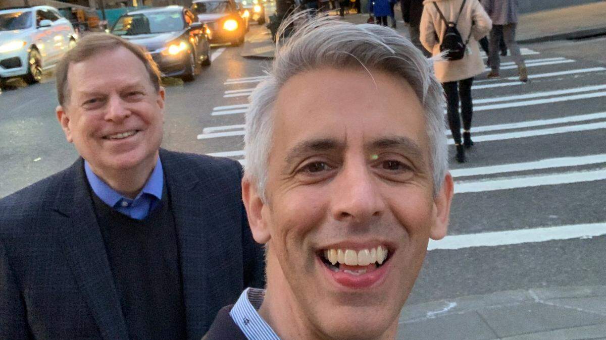 Brian Marcum, right, Music Theatre Wichita’s artistic director, will teach dance as part of the company’s online academy. He and Wayne Bryan are shown attending the National Alliance for Musical Theatre in Seattle in 2019.