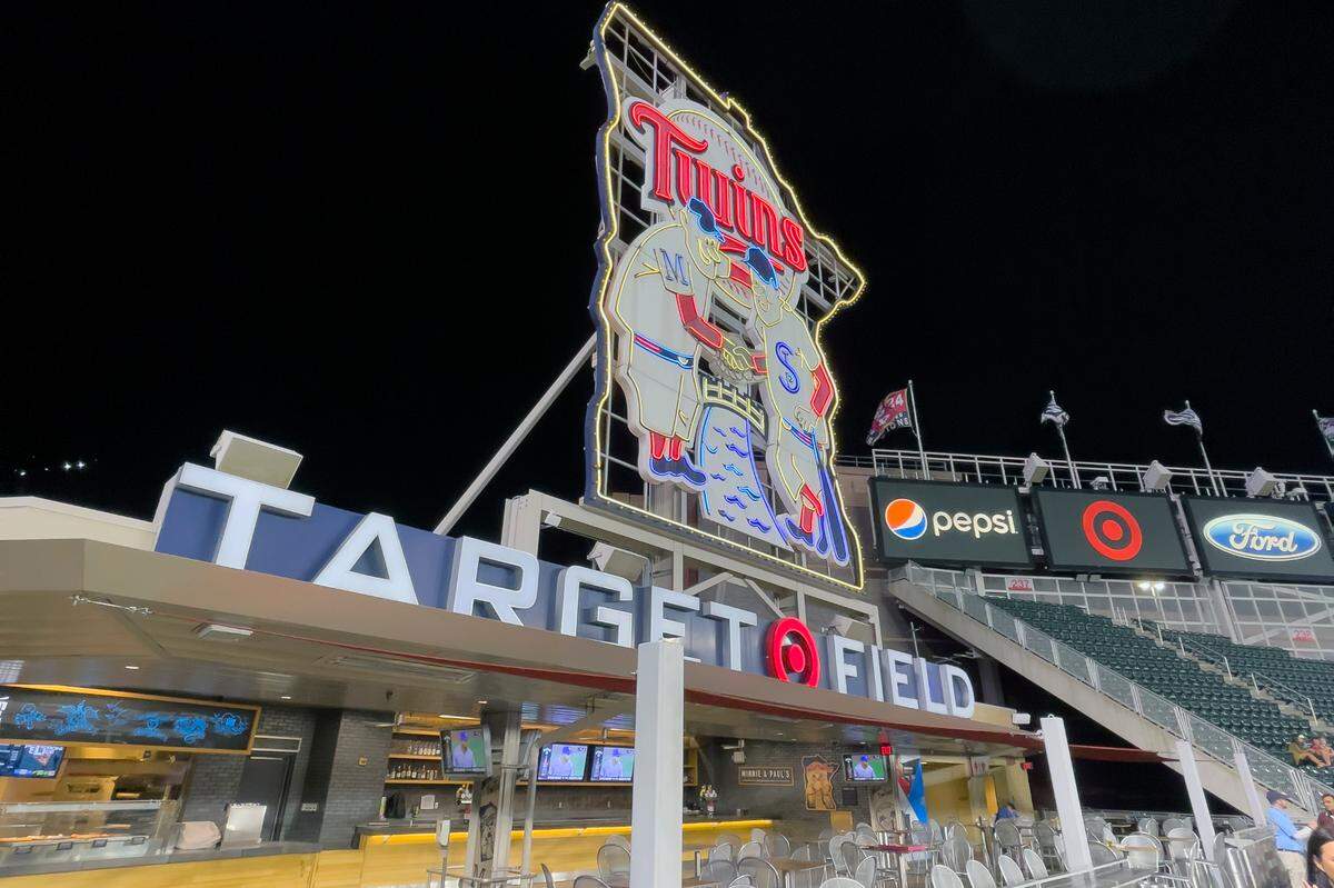 At the Minnesota Twins’ Target Field a celebration sign in center field features one character from Minneapolis (“Minnie”) and one from St. Paul (“Paul”) who become animated when a Twins player hits a home run, making it look like they are shaking hands across the Mississippi River.