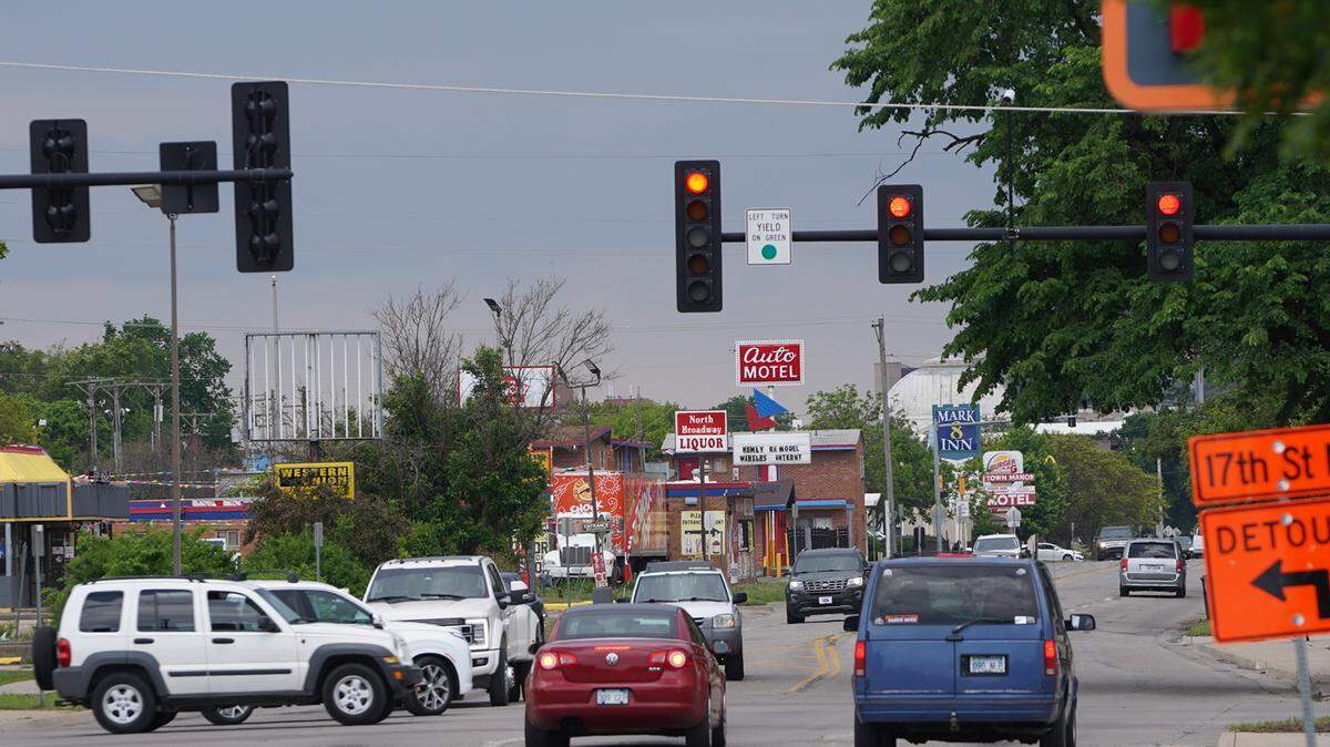 The intersection of 13th and Broadway, looking south. The city of Wichita is considering narrowing Broadway to one lane either direction from Central to 21st Street with a turn lane in the middle that will create space for bike lanes on either side. (May 14, 2021)