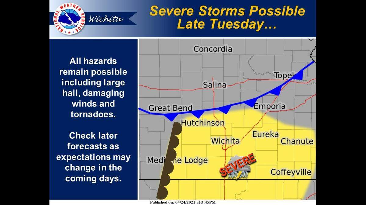 Severe weather is possible Tuesday night into Wednesday, especially across south-central and southeast Kansas.
