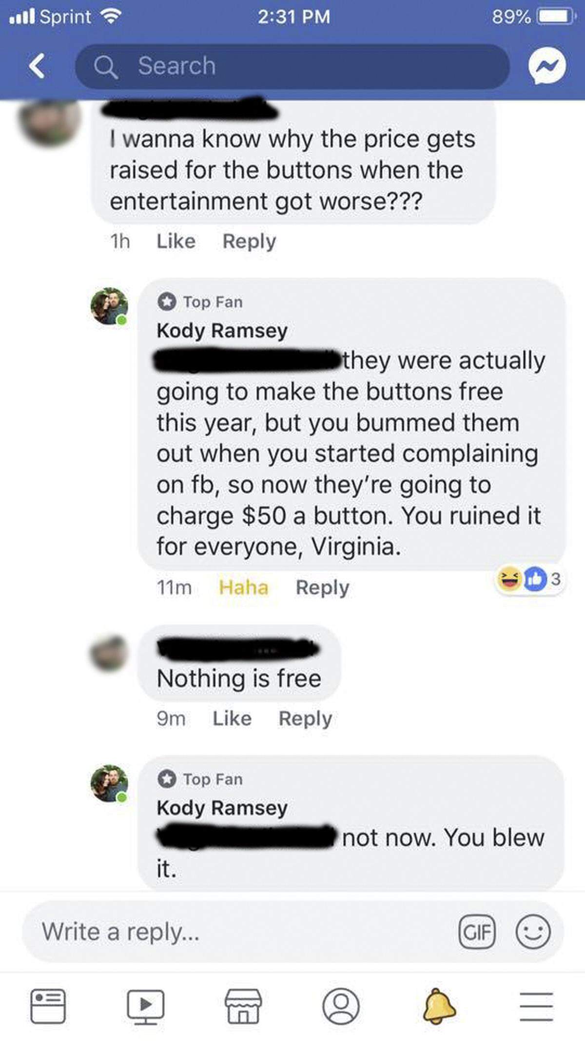 A typical exchange between Kody Ramsey and a Wichita Riverfest hater.