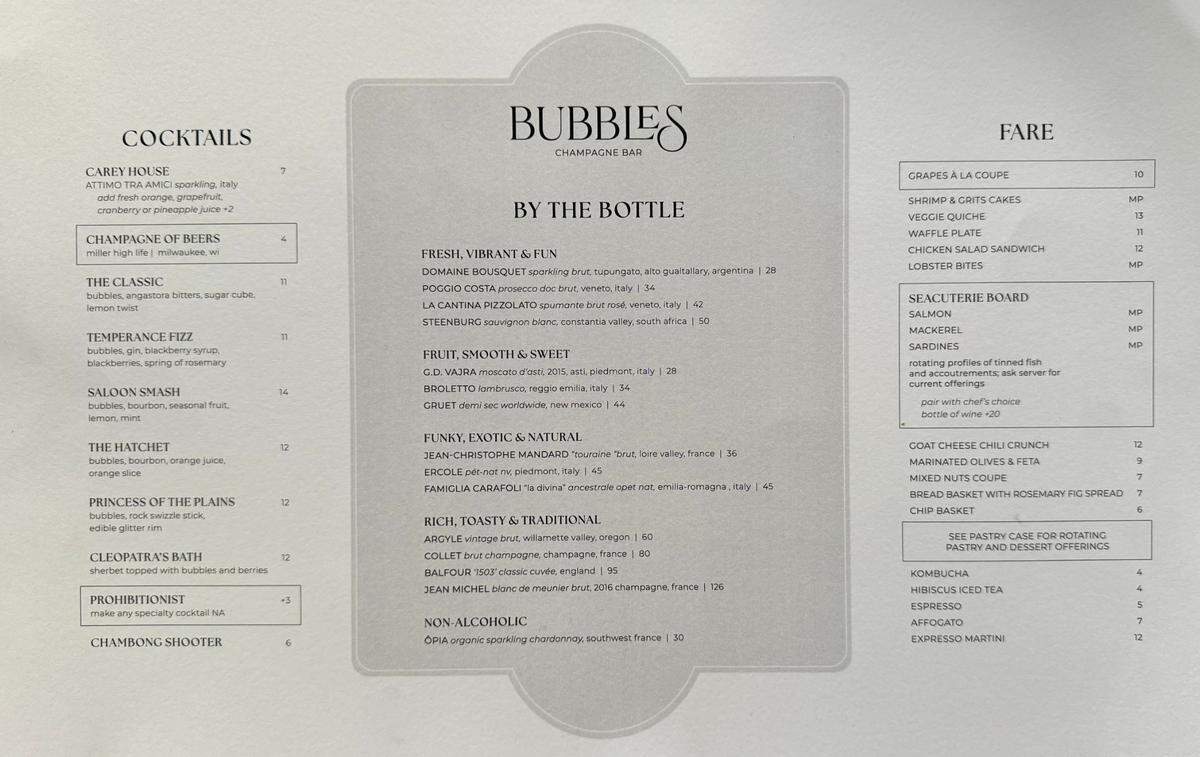 The menu for Bubbles, the new bar inside The Workroom at Eaton Place, Douglas and Emporia.