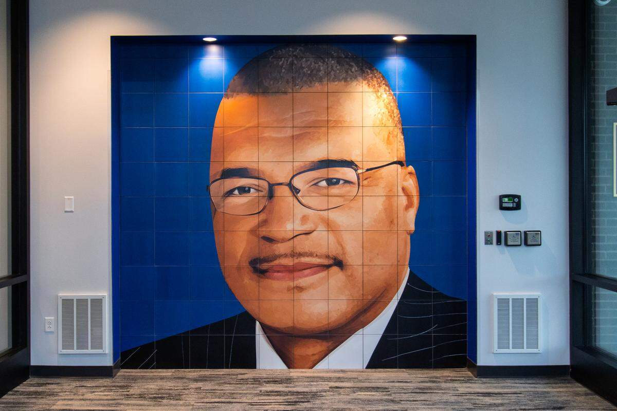 A mural of former Wichita Mayor Carl Brewer painted by Larry Poncho Brown is on display for viewing in the entryway of the recently reopened Carl G. Brewer Community Center.