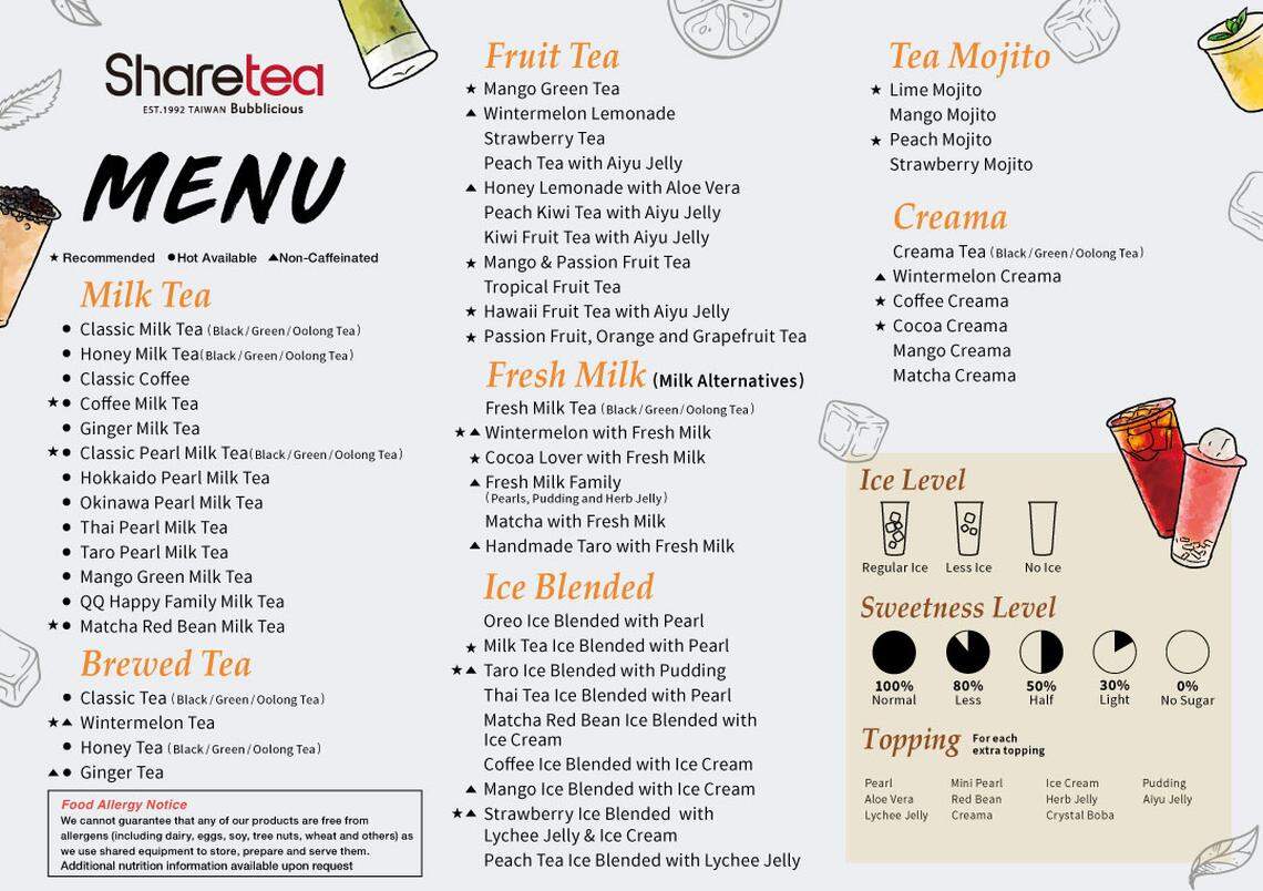 The menu for Sharetea