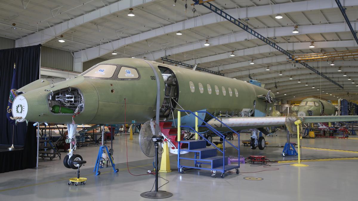 Textron Aviation's newest business jet, the Cessna Citation Longitude, sits on the assembly line at the company's east Wichita campus. (May 7, 2018)