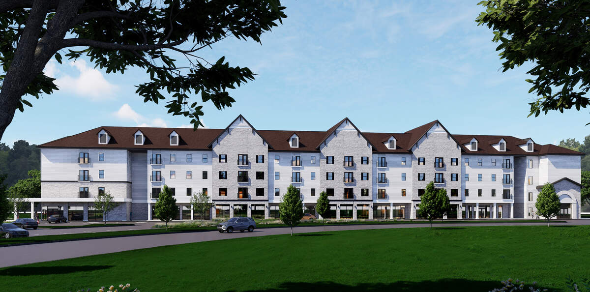 This rendering shows Overland Property Group’s plans for its mixed-use development in Goddard, which will include 40 affordable housing units.