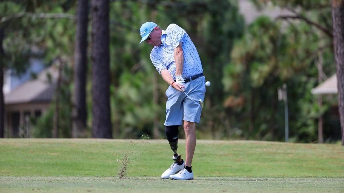 Greg Hollingsworth, a 53-year-old who lives in the Wichita suburb of Peck, competes in the second round of the US Adaptive Open at Pinehurst Country Club on Tuesday.